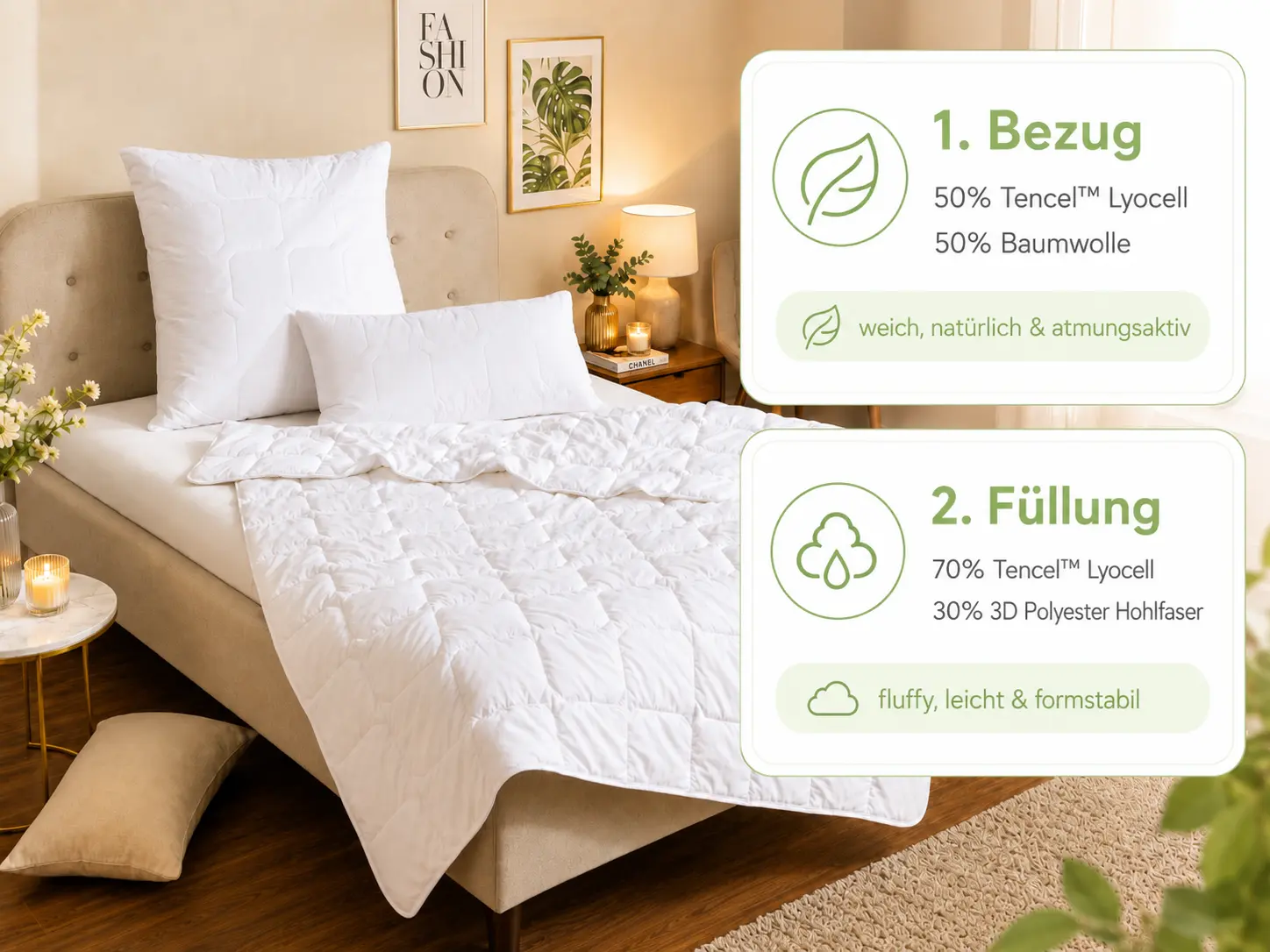 Traumschlaf TENCEL Lyocell Bettdecke Extra Leicht auf einem Bett