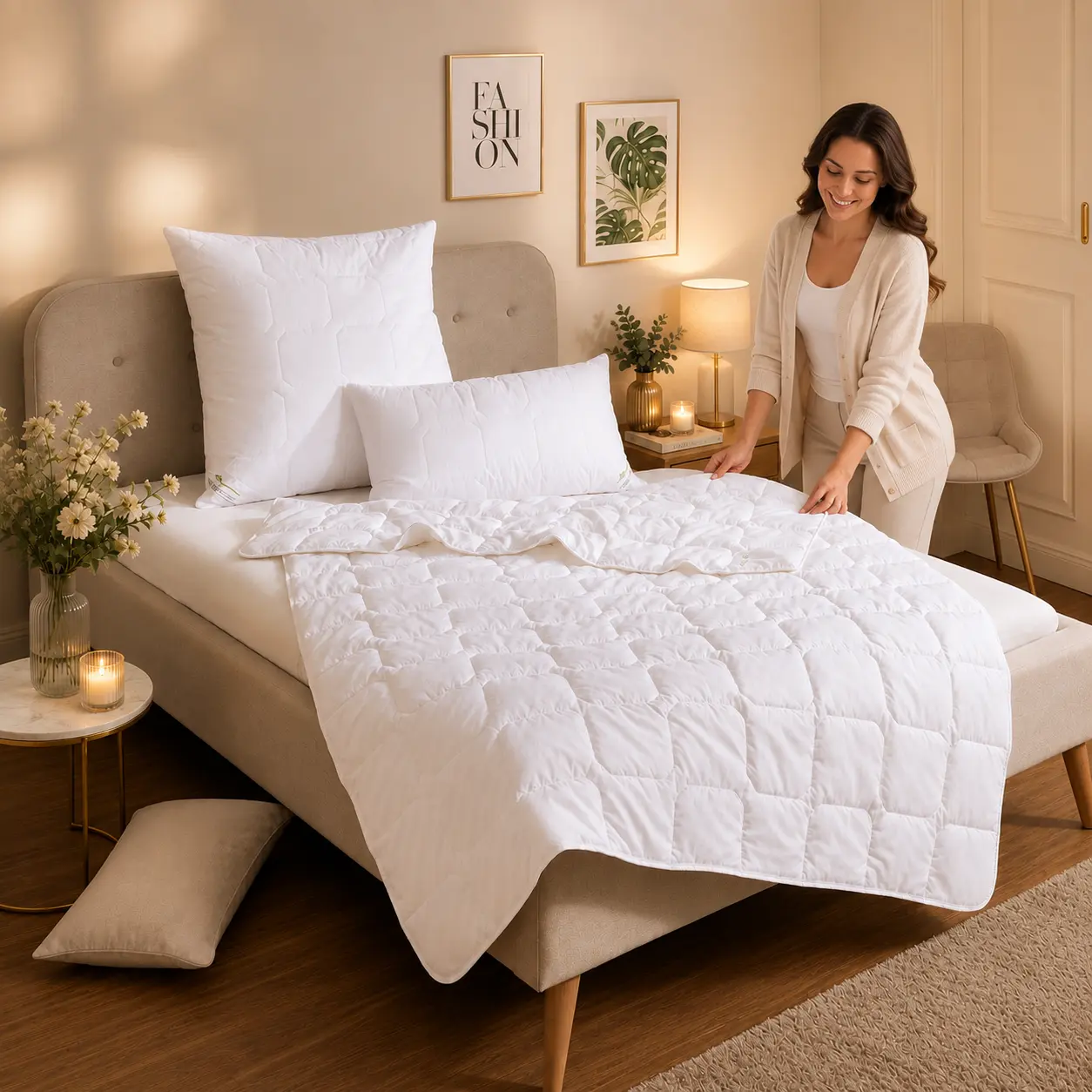 Leichte weiße Sommerbettdecke in einem gemütlichen Schlafzimmer
